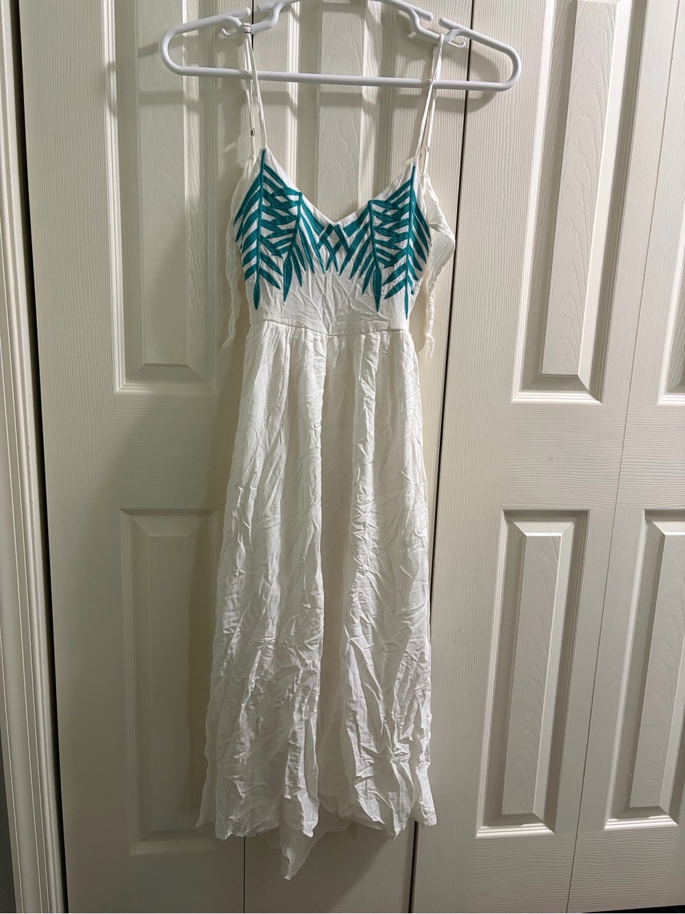 White Maxi Dress with Teal Embroidered Bodice